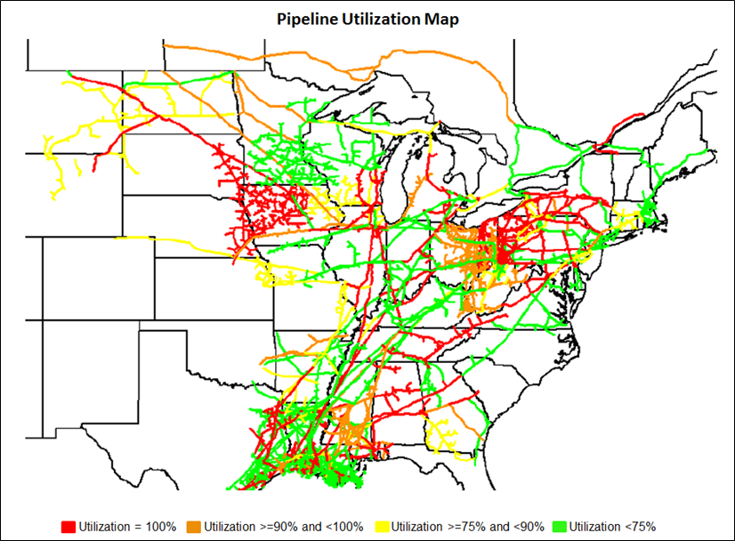 map describing usage of pipelines in the northeastern region of the United States