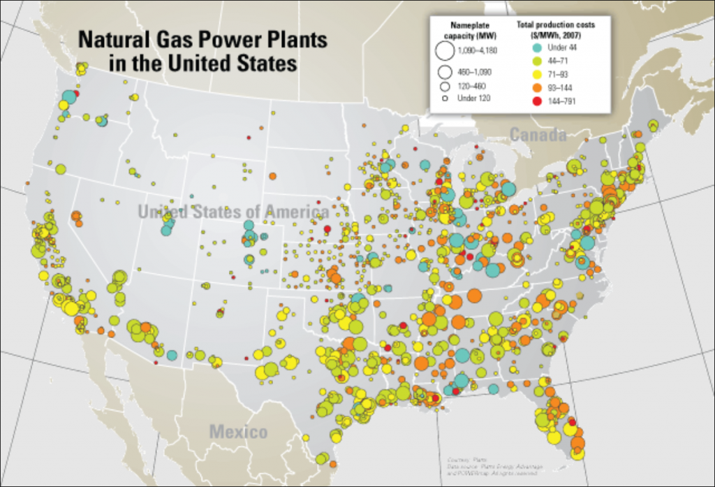 map of the number of natural gas power plants in the United States organized by megawatt capacity and total production cost